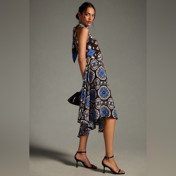 By Anthropologie Silk Halter Blue Motif Midi Dress - Picture 2 of 7